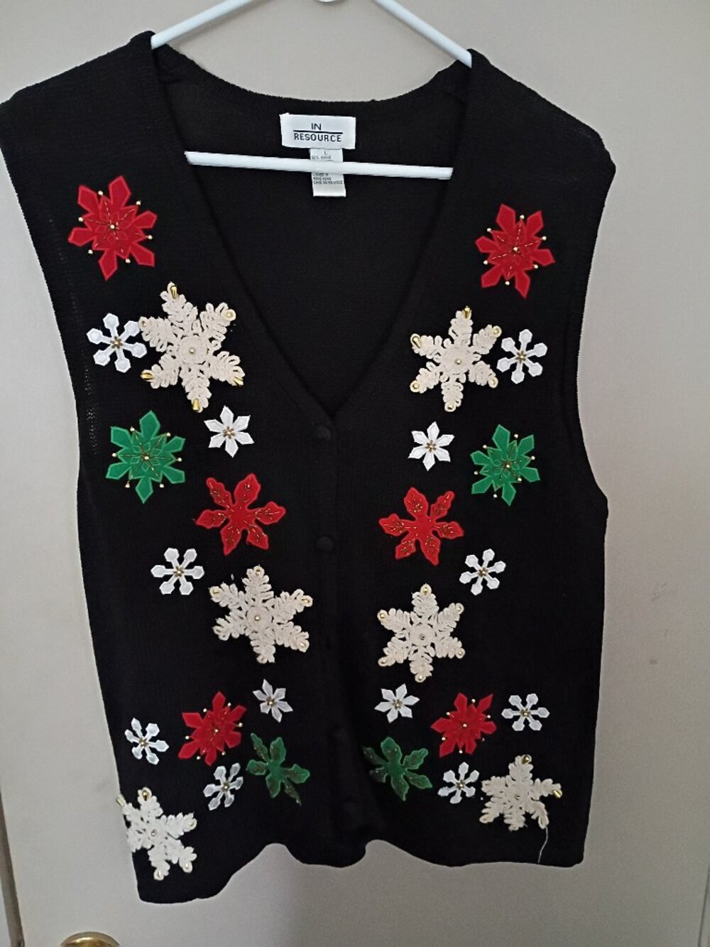 Vintage In Resource Christmas Sweater Vest L Black Snowflake Poinsettia